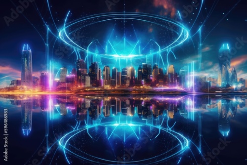 Futuristic Cityscape with Bright Lights Reflected in Water. Generative AI
