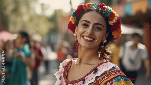 Young Mexican woman in a traditional folklore dress of many colors, traditional dancer, generative AI