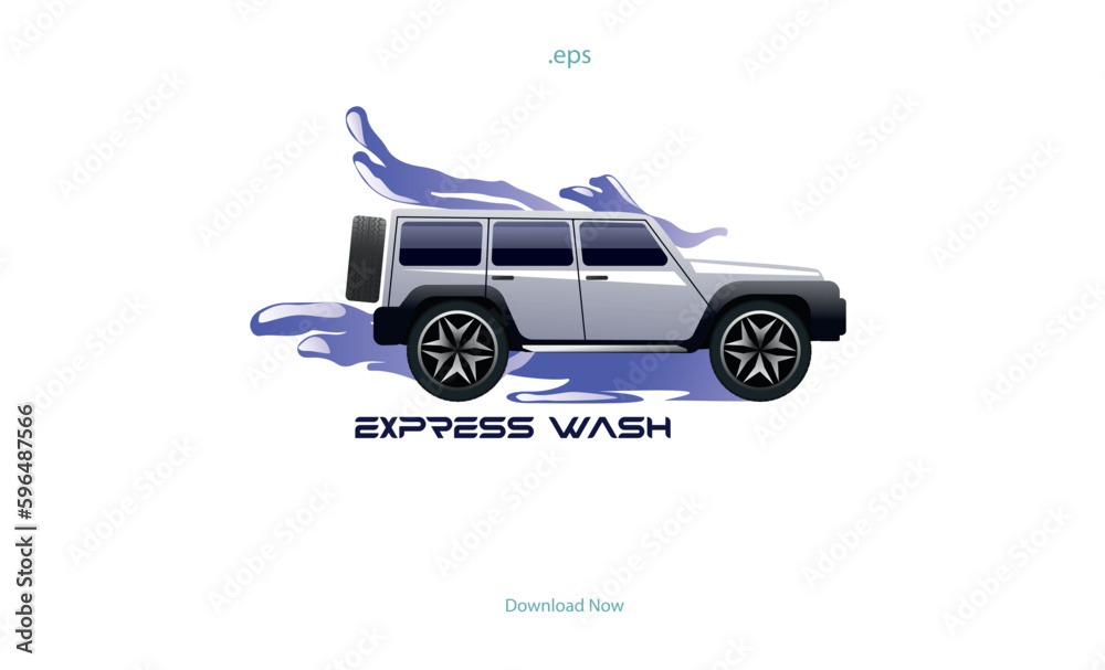 Vehicle servicing, Car washing and glossy shining logo, vector illustration. White SUV Car.
