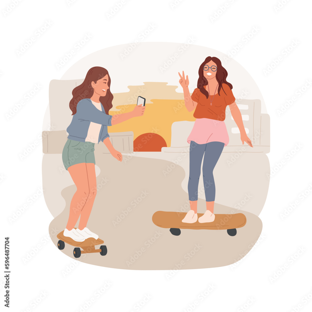 Longboard isolated cartoon vector illustration. Teens hanging out on sunset, girls riding longboard together, leisure time on summer, teenager having fun and taking photos vector cartoon.