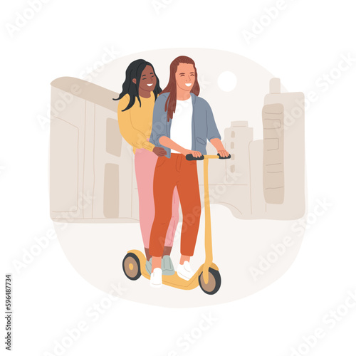 Electric scooter isolated cartoon vector illustration. Teen leisure time, riding electric scoter, teenage friends smiling, talking, girls communication, smart urban vehicle vector cartoon.