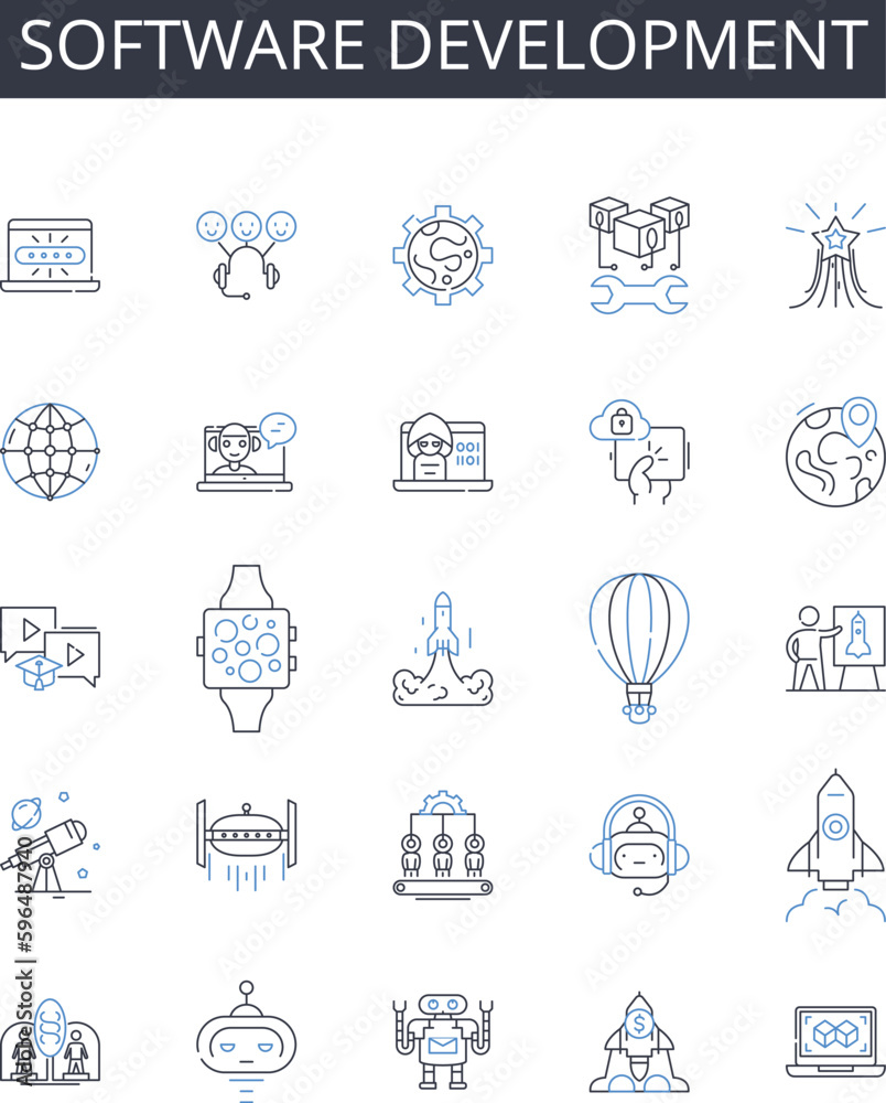 Software development line icons collection. Website design, Social media, Financial planning, Game development, Graphic design, Digital marketing, Business management vector and linear Generative AI