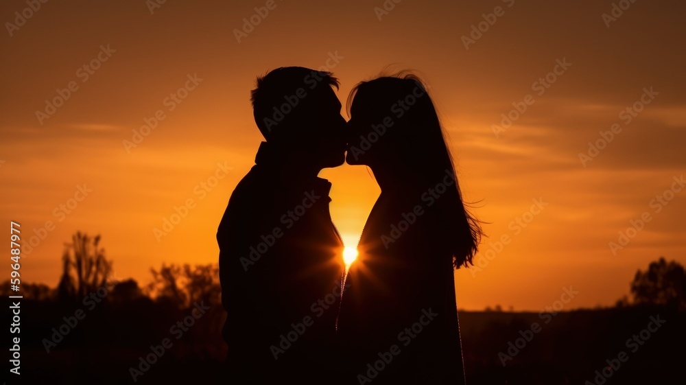 Silhouette of a young couple of lovers, kissing eachother at the sunset. Generative AI illustration.