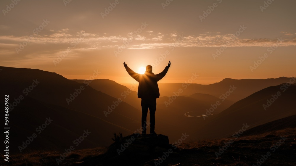 Silhouette of a person making victory sign with his arm in the mountains at the sunset. Generative AI illustration.