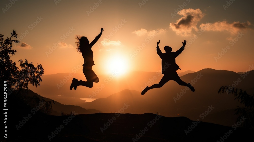 Silhouettes of two young persons jumping at the sunset in the mountains. Generative AI illustration.