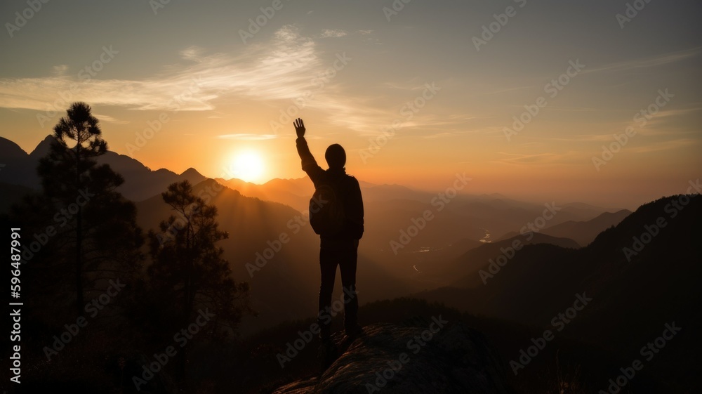 Silhouette of a person waving hand at the sunset in the mountains. Generative AI illustration.