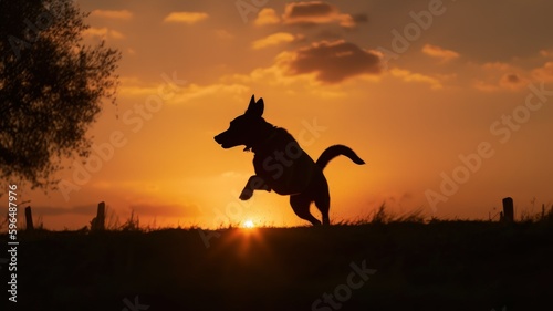 Silhouette of a majestic dog jumping at the sunset. Generative AI illustration. © Tuyres