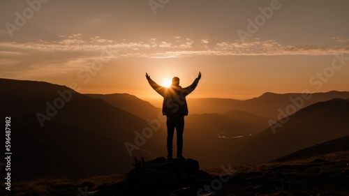 Silhouette of a person making victory sign with his arm in the mountains at the sunset. Generative AI illustration.