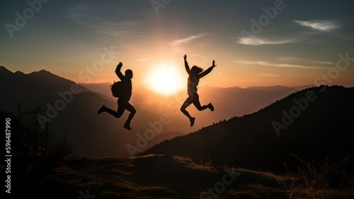 Silhouettes of two young persons jumping at the sunset in the mountains. Generative AI illustration.