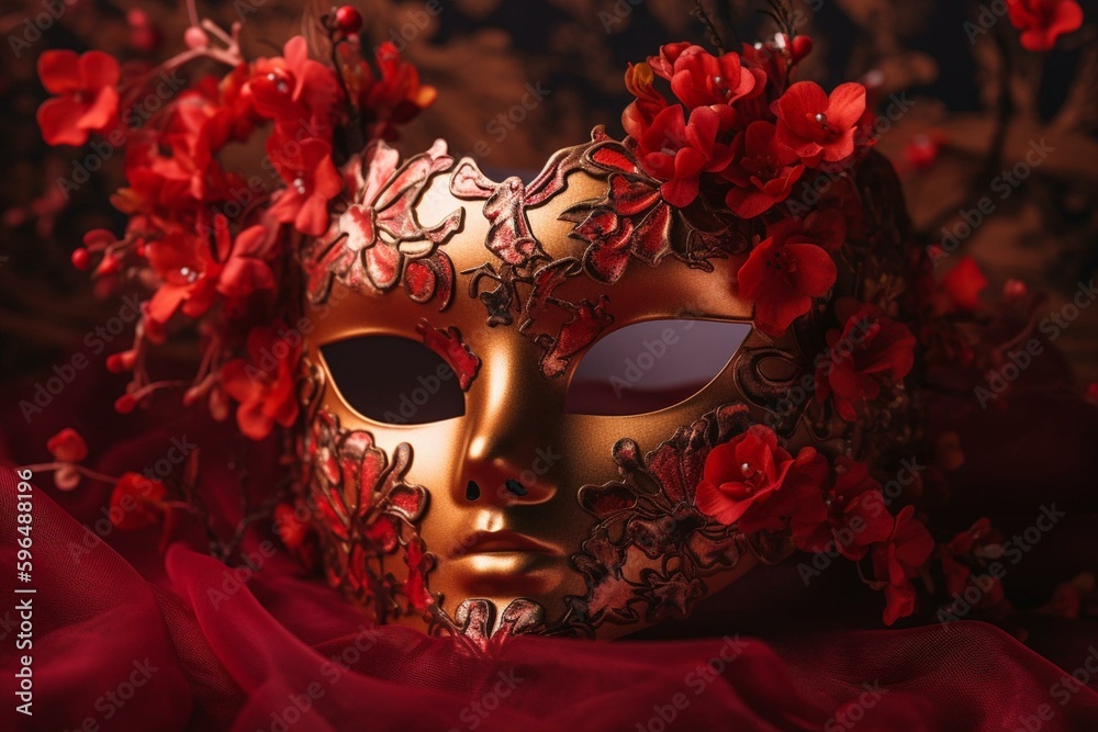 Red Venetian mask with floral decorations on velvet background. Illustration. Generative AI