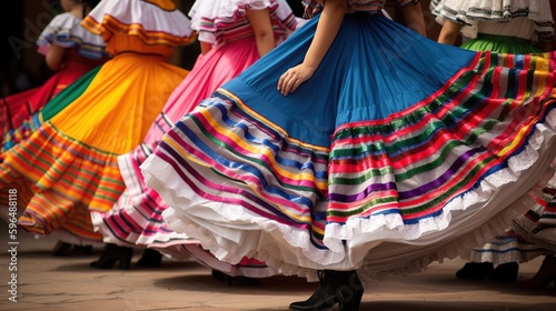 Mexican folkloric dancers wearing colorful traditional costumes. 5 de Mayo celebration concept, generative AI