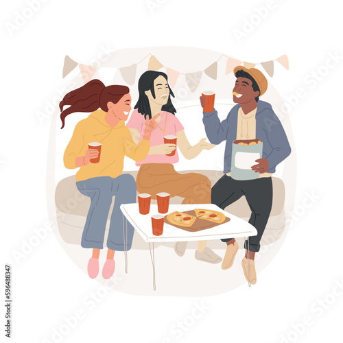 Home party isolated cartoon vector illustration. Friends having fun at home, birthday party, young people sitting around coffee table, holding plastic glasses, laughing together vector cartoon.