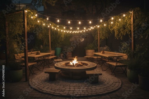 Outdoor seating area with table, chairs, canopy, lights, and fire pit. Ambient string lighting illuminates the space. Generative AI