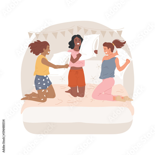 Pajama party isolated cartoon vector illustration. Girls jumping on bed, pillow fight, having fun at pajama party, teenagers entertainment, people communication, indoor activity vector cartoon.
