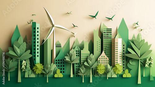 Image of a green leaf created in the paper art style, surrounded by silhouettes of trees, city buildings, windmills, and solar panels. Generative IA