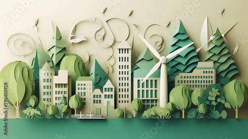 Image of a green leaf created in the paper art style, surrounded by silhouettes of trees, city buildings, windmills, and solar panels. Generative IA
