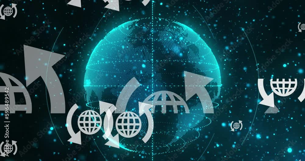 Global communication icons over digital blue globe rotating in space Global communication icons over digital blue globe rotating in space