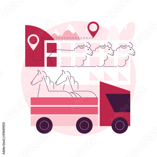 Transport of animals abstract concept vector illustration. Animal transport, inside plastic cage, horses in transit, truck trailer on countryside, flock of sheep, slaughterhouse abstract metaphor.