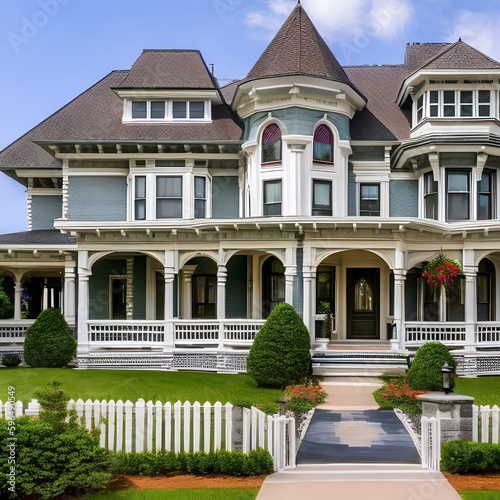 20 A Victorian-style mansion with decorative trim, turrets, and a wrap-around porch4, Generative AI