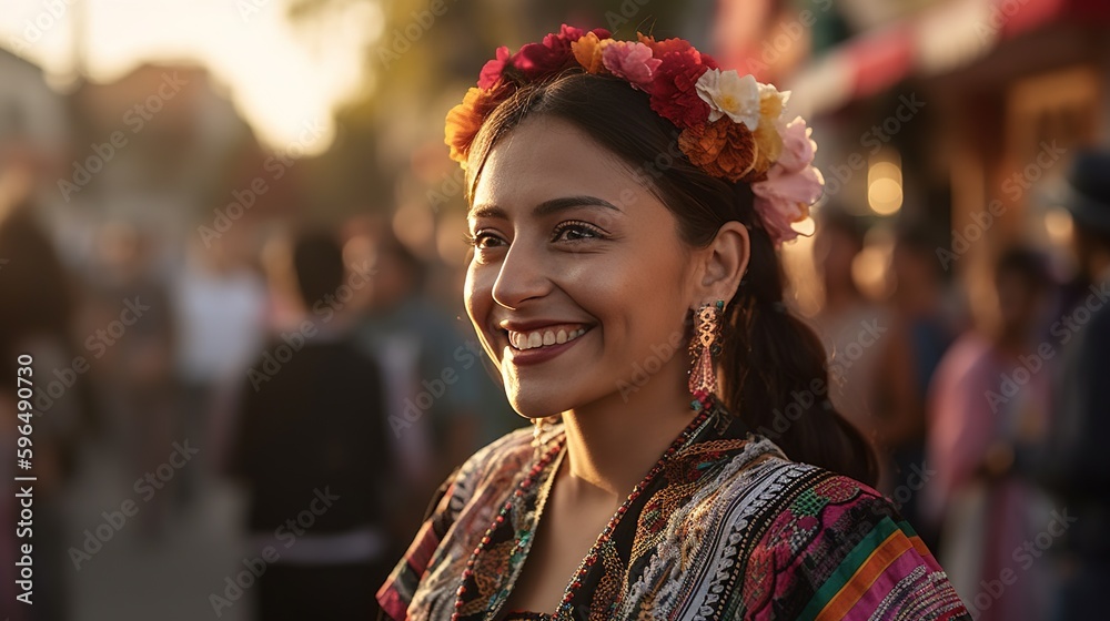 Fototapeta premium Latin Mexican, dancer with typical costume of Yucatan Mexico, handmade embroidered suit in cross stitch, generative AI