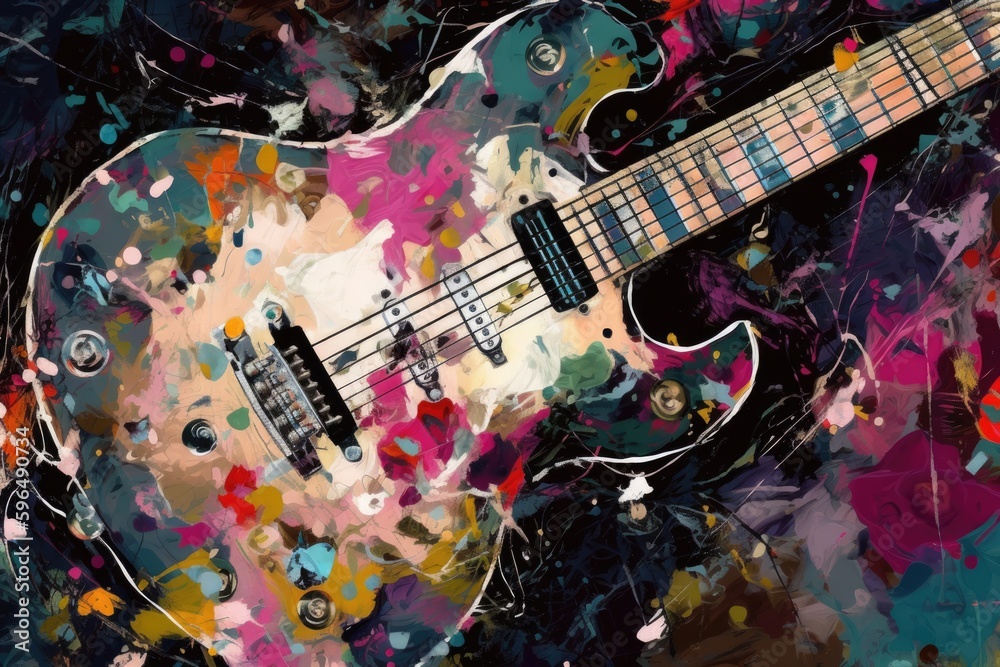 an abstract painting featuring a guitar as the main subject. Generative AI