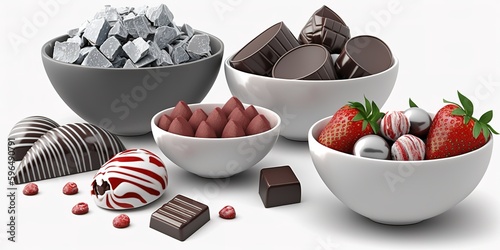 Two bowls of strawberry chocolate sweets, one on top and one on the right side of a grey and white background. Generative AI photo