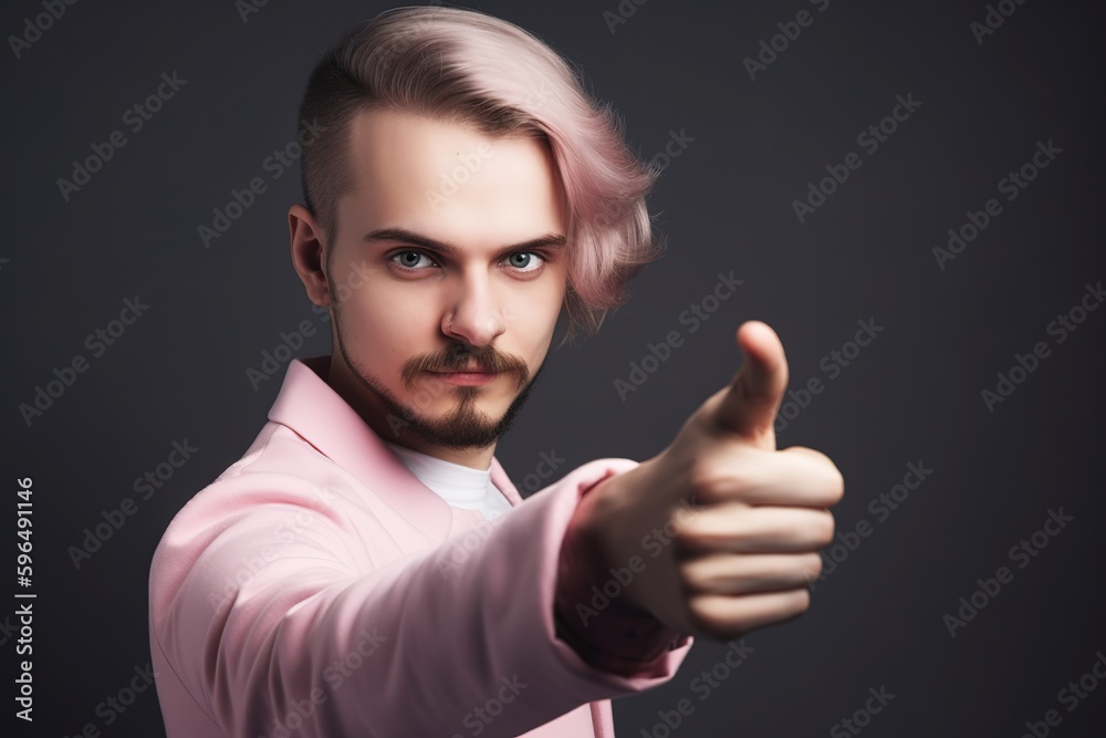 Young man with cool hair style doing thumb up over dark studio shot background. Generative AI