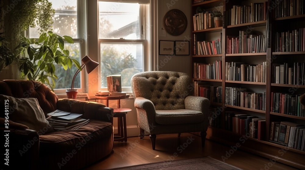 Cozy reading nook with comfortable armchair. AI generated