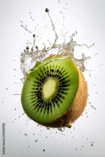 Kiwi in motion suspended with splash of water over white background. Generative AI vertical illustration