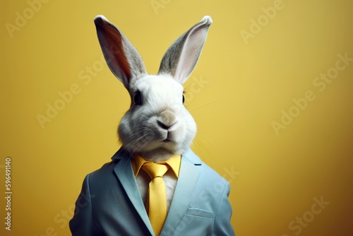 Male rabbit head over human body with fashionable suit over yellow background with copy space. Generative AI