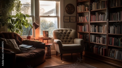 Cozy reading nook with comfortable armchair. AI generated