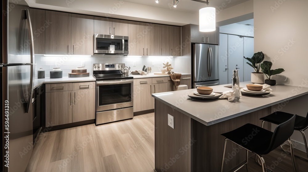 Sleek and modern kitchen with big kitchen island. AI generated