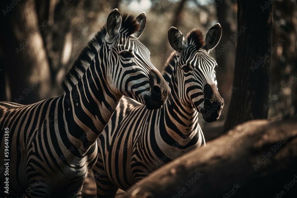 Fototapeta premium A pair of striped zebras. Generative AI