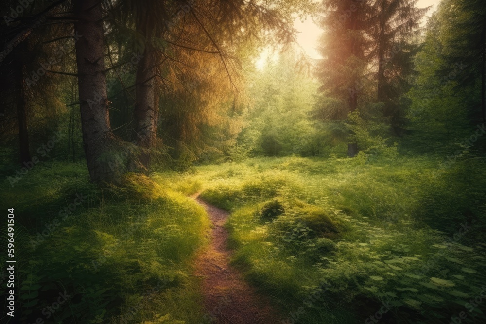 serene forest path surrounded by lush greenery. Generative AI