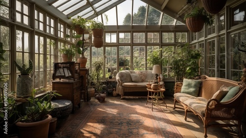 Winter garden with green plants. AI generated