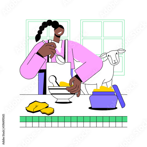 Lanolin oil production isolated cartoon vector illustrations. Farmer deals with lanolin oil creation, modern agribusiness idea, secondary production sector, sheep farm vector cartoon.