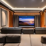 12 A contemporary home theater with a large screen, comfortable seating, and ambient lighting1, Generative AI