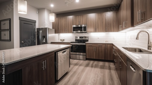 Sleek and modern kitchen with big kitchen island. AI generated