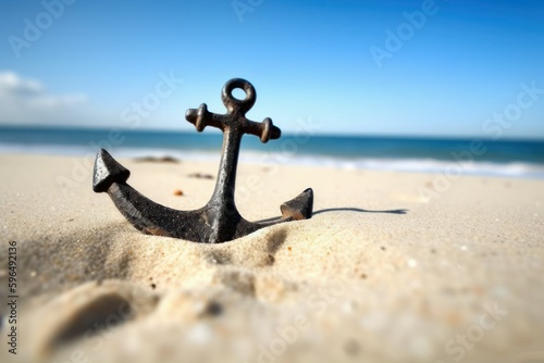 Anchor on the sandy beach. AI generated, human enhanced.