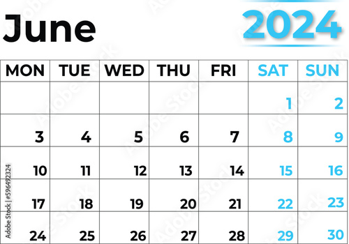 June 2024 calendar  with clean look