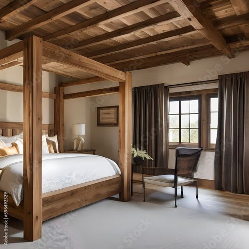 8 A rustic bedroom with exposed beams, a four-poster bed, and warm, natural materials3, Generative AI © Ai.Art.Creations
