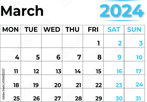 March 2024 calendar  with clean look
