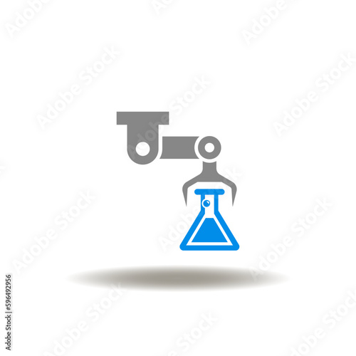 Vector illustration of robotic arm or manipulator and flask. Icon of STEM. Symbol of Science Research Lab Technology Innovation.
