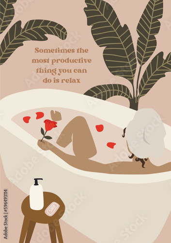 Girl laying in bath and relaxing. Spa art.