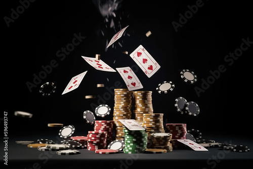 Dynamic Poker Scene: Cards Soaring Over Wealthy Stakes and Casino Ambiance, Generative AI