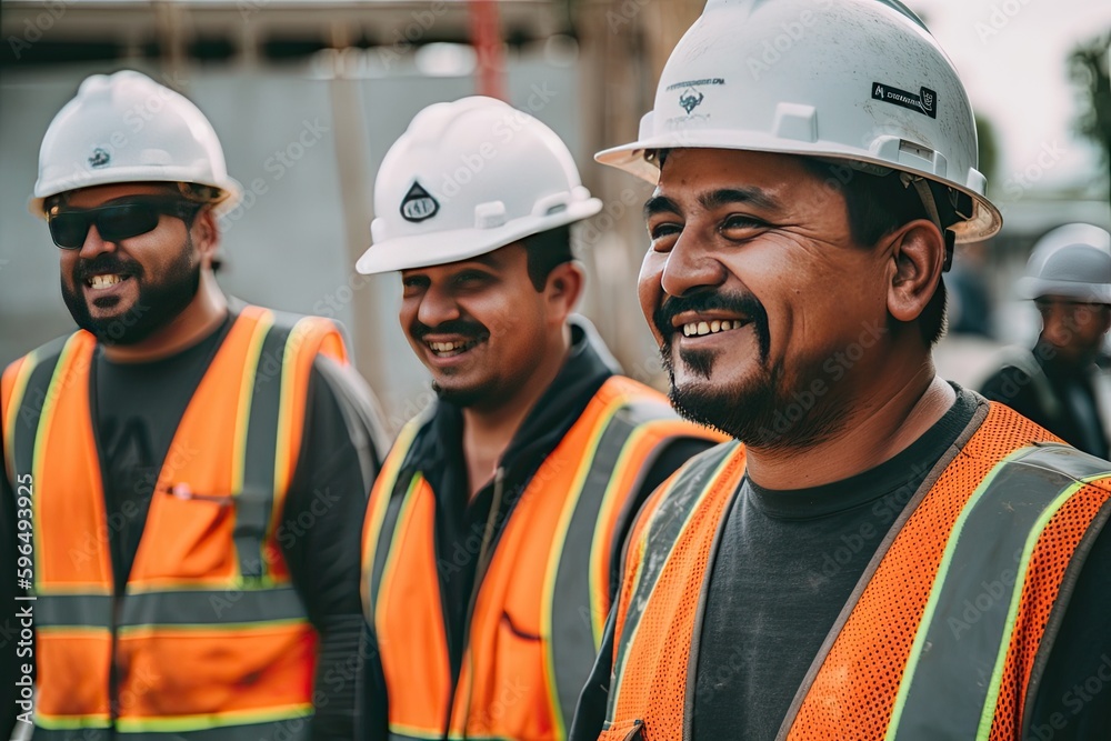 A group of diverse construction workers smiling at the camera A group of diverse construction workers smiling at the camera