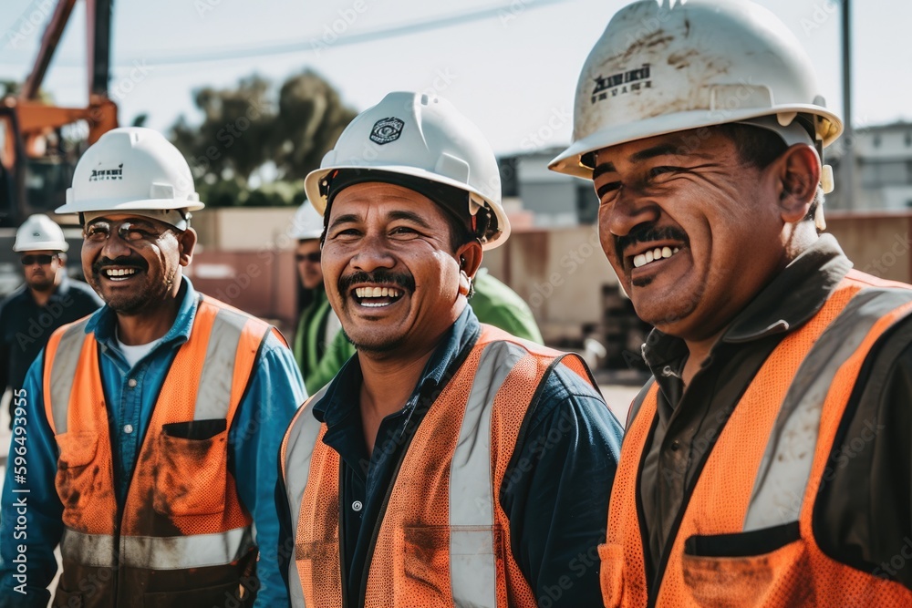 Happy construction crew posing for a group photo on the job site.