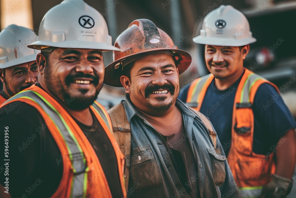 Team of construction workers in hard hats and safety vests smiling for the camera. Team of construction workers in hard hats and safety vests smiling for the camera.