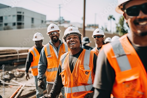 Team of construction workers in hard hats and safety vests smiling for the camera.
