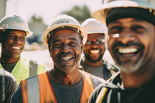 Team of construction workers in hard hats and safety vests smiling for the camera.